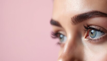 Closeup eye and eyebrow area. Woman face with perfect eyebrows and long lashes. Natural skin texture visible. Light makeup on pretty blue eye.