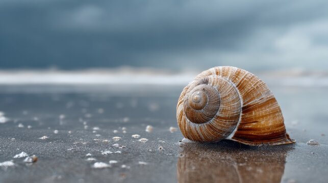 Snail shell on wet beach sand near ocean waves - Powered by Adobe