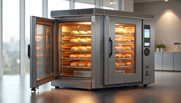 Modern high tech combi steamer proofer in commercial kitchen. Oven with baked bread inside. Professional stainless steel appliance in restaurant bakery shop. New equipment baking in professional