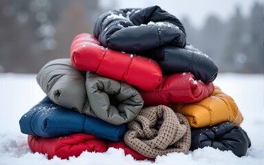 Pile of winter down coats, parkas. Colorful outerwear stacked up on snow. Warm casual clothes for cold weather. Autumn, winter season apparel. Garment retail, clothing sale, donation, second hand