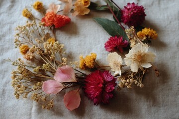 Fototapeta premium Floral Embrace: A meticulously crafted floral wreath, composed of delicate blossoms and vibrant hues, symbolizing beauty and grace. The scene exudes an aura of natural elegance.