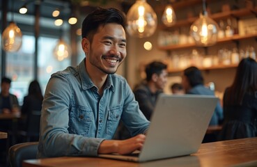 Obraz premium Asian man using laptop in cafe. Smiling businessman works on computer. Pro male employee at workplace. Successful person with notebook in eatery. Portrait of happy guy.
