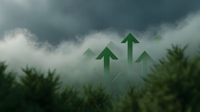 Green arrows emerge from a misty forest symbolizing growth and upward momentum against a dark atmospheric sky