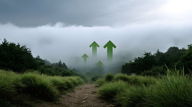 Green arrows symbolizing growth and progress ascend through misty mountain fog above a winding dirt trail - Powered by Adobe