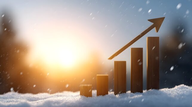 Wooden bar chart with upward arrow in snowy winter sunrise symbolizing financial growth and success