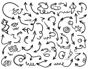 Obraz premium A collection of various hand-drawn black arrows pointing in diverse directions, curls, and shapes arranged on a white backdrop