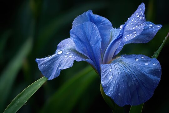 Iris Bloom with Dewdrops: A close-up shot of a pristine blue iris flower in full bloom, adorned with delicate dewdrops, highlighting the vibrant petals and natural elegance.  - Powered by Adobe