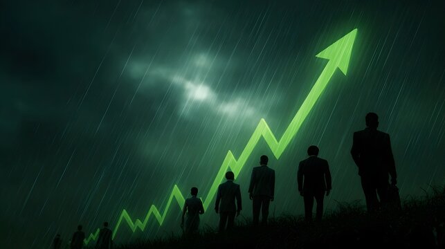Silhouettes of business people ascending a green graph arrow in a stormy rainy atmosphere