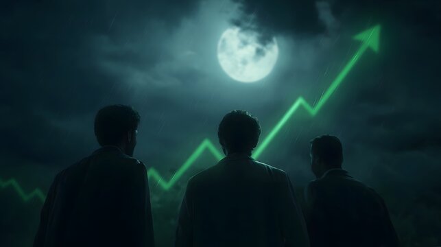 Silhouettes of three people look at a green upward trending graph under a moonlit stormy night sky