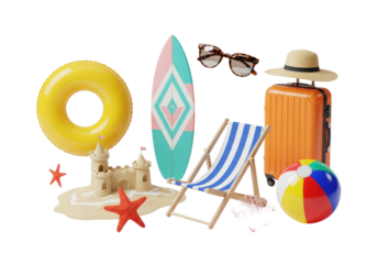 Highly detailed 3d flat lay product shot of summer travel essentials, including a yellow swim ring, retro sunglasses, and orange suitcase, isolated on white studio background. Concept for summer