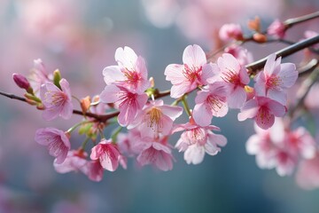 Obraz premium Cherry Blossom Branch: A delicate branch laden with vibrant pink cherry blossoms, showcasing the ephemeral beauty of spring in an up-close, inviting shot.