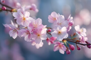 Fototapeta premium Blossom Branch: A delicate branch laden with soft pink cherry blossoms reaches towards the serene blue of the sky, inviting a sense of spring's gentle touch.