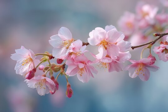 Cherry Blossom in Bloom: A delicate close-up reveals the exquisite beauty of cherry blossom flowers in full bloom. The soft pink petals contrast with a blurred, pastel background. - Powered by Adobe