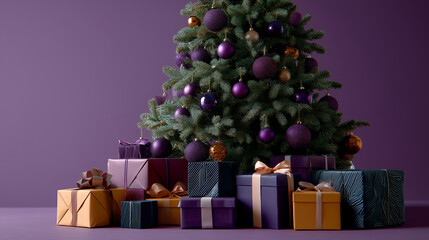 christmas tree with flat circular tree topper, deep purple studio background, presents under the tree