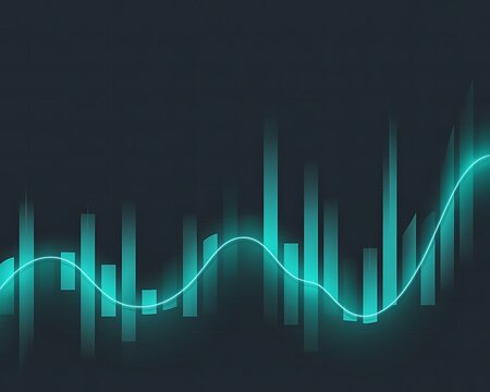 Abstract financial chart with glowing bars and line on dark background