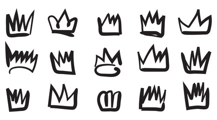 Golden crown crayon pencil hand drawn doodle scribble set. Line freehand splash royal jewel. Charcoal textured dry brush collection. © Daishin