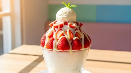 A tall bowl of Strawberry Bingsu (Korean shaved ice)