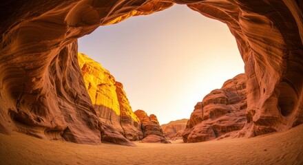 Natural arch and rock formations bathed in warm sunlight desert landscape concept