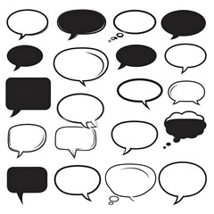 A collection of various comic-style speech bubbles, in black and white, depicting shapes and styles