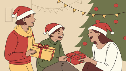 Happy couple smiling with Christmas gifts and decoration under the holiday tree