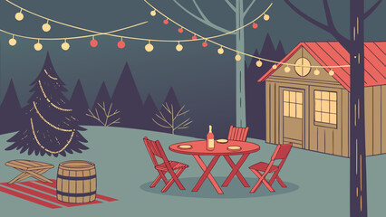 Christmas vector greeting card with cartoon snowman and winter village landscape scene