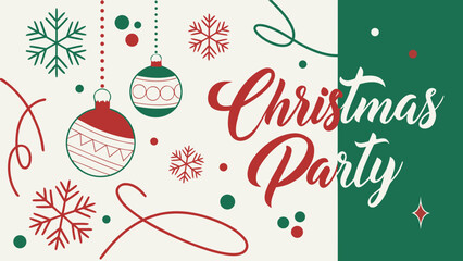 Merry Christmas and Happy New Year greeting card background with winter snow, festive tree decoration balls, and snowflakes design