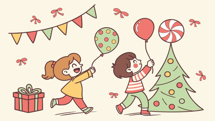 Cartoon vector illustration of joyful boy and girl children with birthday gifts, balloons, and a heart for a fun holiday card design