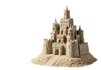 Hyper-detailed, pale gold architectural sandcastle with razor-sharp edges, isolated on a clean sand mound against a transparent, shadowless studio background. Concept of summer nostalgia and precision