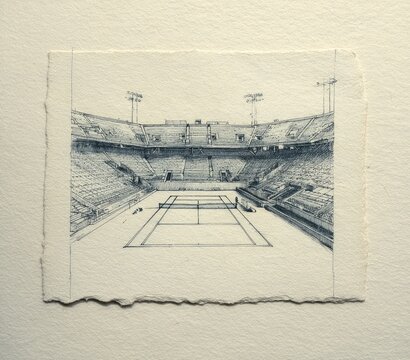 A meticulously detailed monochromatic etching depicts an empty tennis stadium, showcasing tiered seating, lighting, and a central court. The image is framed by a textured, deckled paper edge