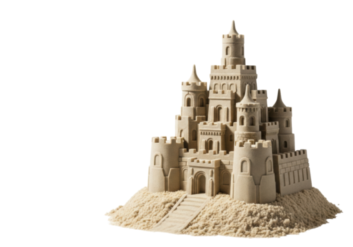 Hyper-detailed, pale gold architectural sandcastle with razor-sharp edges, isolated on a clean sand mound against a transparent, shadowless studio background. Concept of summer nostalgia and precision