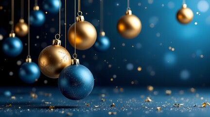 Elegant gold and blue Christmas ornaments hanging against a festive background with sparkling confetti and bokeh lights for holiday celebration concept and luxury design