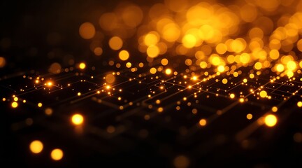 Abstract glowing data network with golden light particles and dynamic bokeh for futuristic digital innovation concept and big data visualization