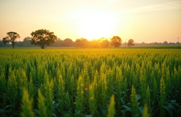 Obraz premium Green sorghum plants grow tall in a vast field at sunrise. Warm sunlight bathes the expansive farmland. Trees dot the horizon under a clear sky.