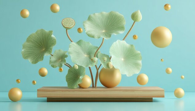 A minimalist 3D render of pale green lotus leaves and buds on slender stems, accented by gold spheres, arranged on a light wood platform against a teal backdrop