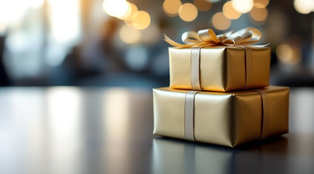 Two elegant golden gift boxes stacked on a reflective dark surface with warm festive bokeh lights for a celebration concept and luxury gifting