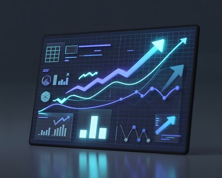 Digital display showing upward trending charts and graphs for business growth analysis