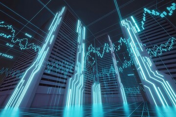 Futuristic cityscape with stock market data overlay digital finance and technology concept
