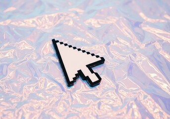 Pixelated computer mouse cursor icon on shiny fabric