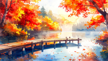 Obraz premium 紅葉が映る湖と木製の桟橋がある静かな秋の風景イラスト