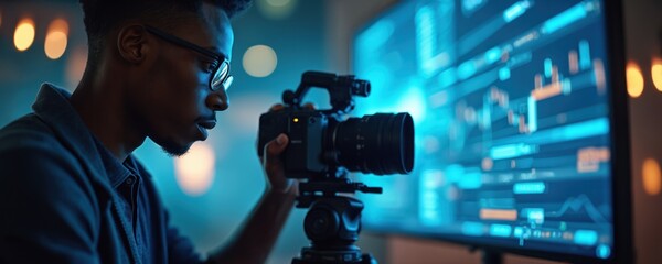 Young man films digital marketing ad on camera. Creates social media content in front of big screen with data. Man holds camera on tripod, records video for online platform. Person engages audience