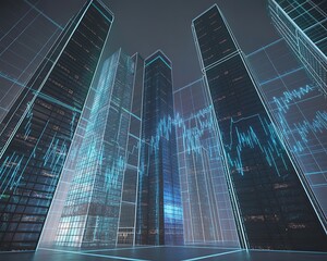 Futuristic cityscape with glowing lines and tall buildings at night