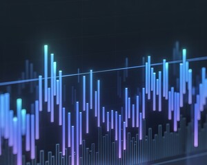 Abstract financial chart with glowing blue and purple bars on dark background