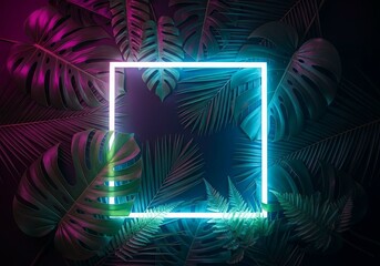 Neon square frame on dark tropical leaf background