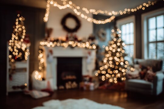 Cozy Christmas Decor: Warm Lights, Tree, and Fireplace - Powered by Adobe