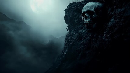 Halloween holiday promotion theme. Spooky scaring. A dark, atmospheric, and atmospheric digital artwork featuring a skull on a rocky surface. The skull is depicted in a monochromatic palette.