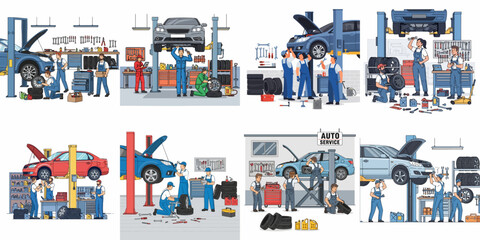 Collection of illustrations showing auto service mechanics and technicians working on car repairs and maintenance in a professional garage setting.