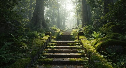 Stone staircase leading through lush forest landscape sunlight through trees nature scene