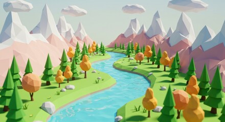Stylized low poly landscape with river mountains and trees depicted in vibrant colors