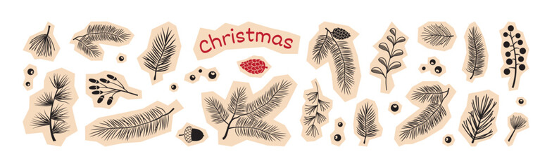 Naklejka premium Christmas fir tree, pine cone sticker, winter plant paper scrapbook. Holly berry, black branch needle. Holiday evergreen twig set for New Year isolated on white bg. Xmas nature vector illustration