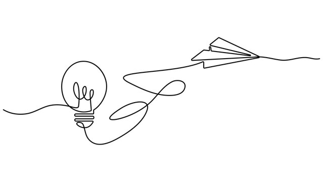 Paper plane flying up connected with light bulb in one continuous line drawing, Idea with bulb and paper plane, Light bulb and Paper plane single continuous line drawing vector illustration